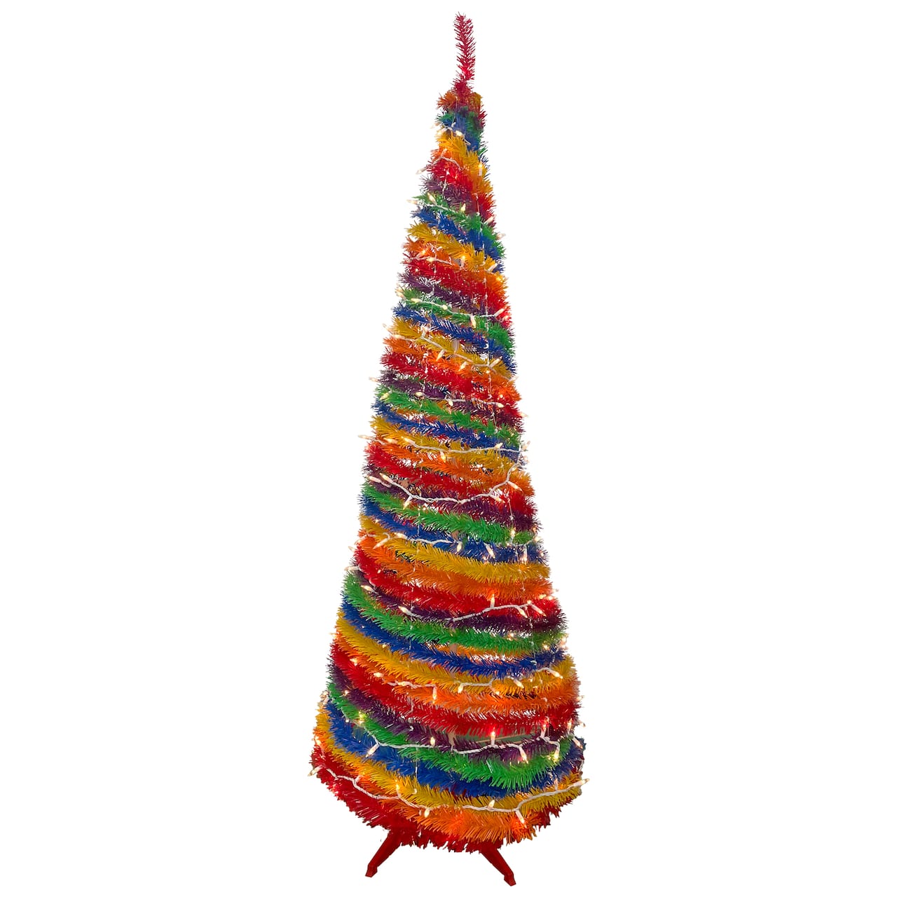 6ft. Pre-Lit Rainbow Tinsel Pop-Up Artificial Christmas Tree, Clear Lights